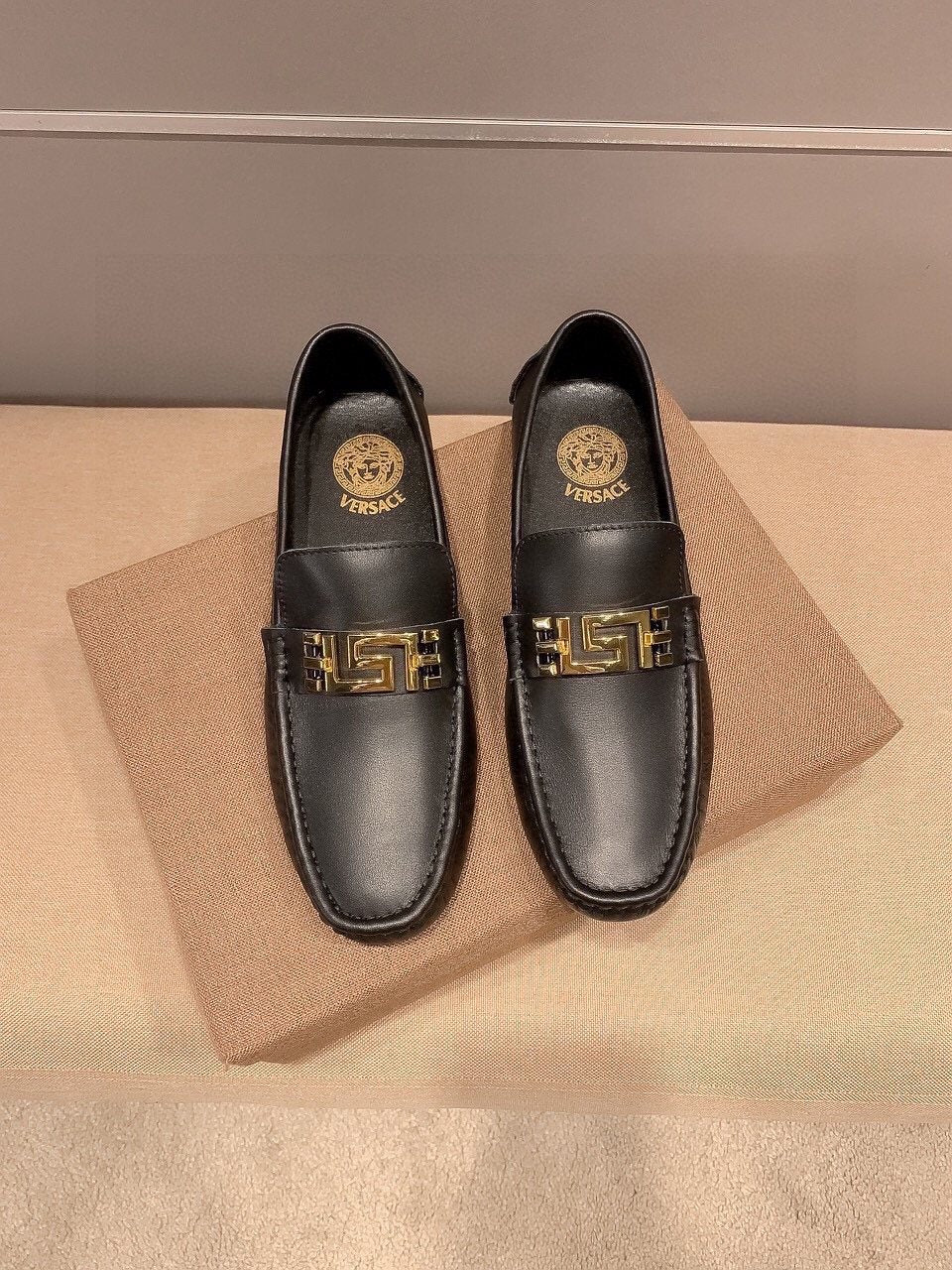 Versace Men's Black Gold-Tone Hardware Loafers - Low-Profile Rubber Sole